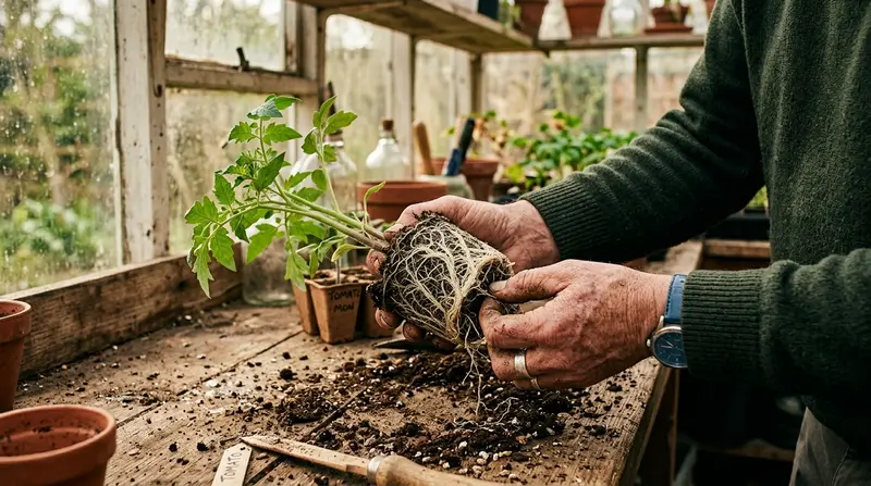 Hands teasing apart circling root ball of root-bound tomato seedling UK potting bench