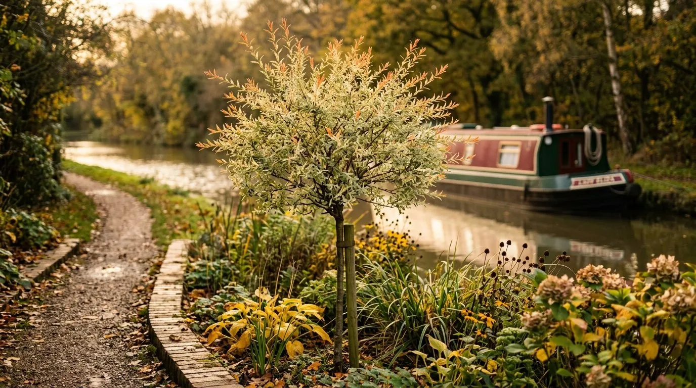 Standard flamingo tree in autumn with faded green leaves and orange-red stems by a canal