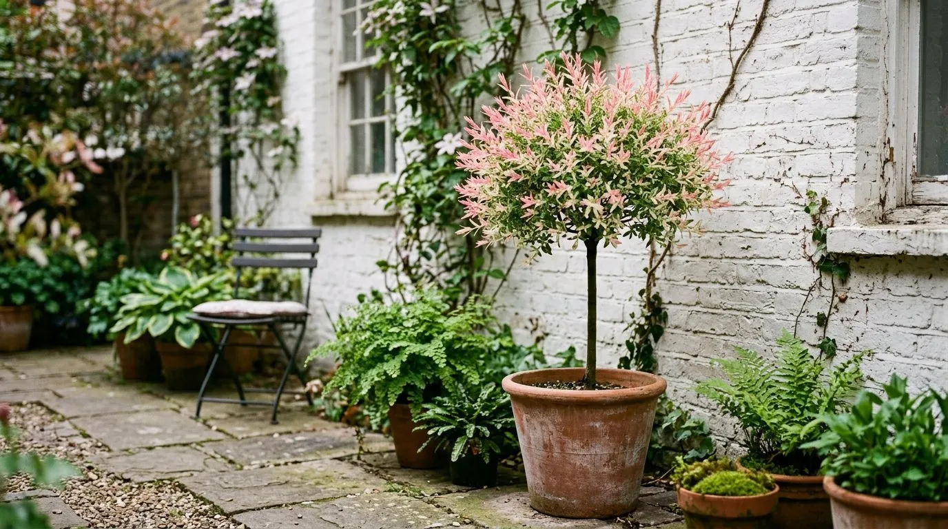Standard flamingo tree in a terracotta pot in a small city courtyard garden