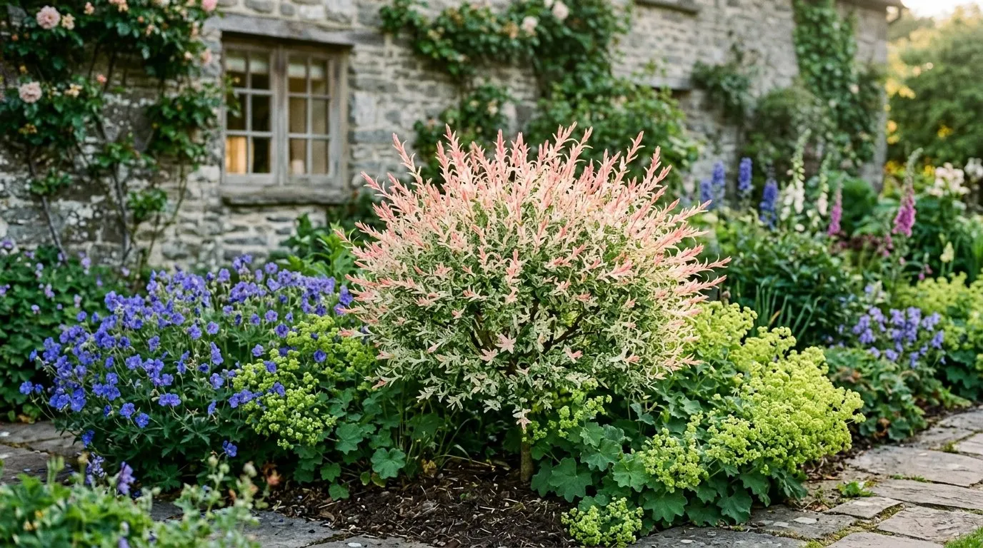Flamingo tree grown as a loose shrub in a Welsh stone cottage garden border