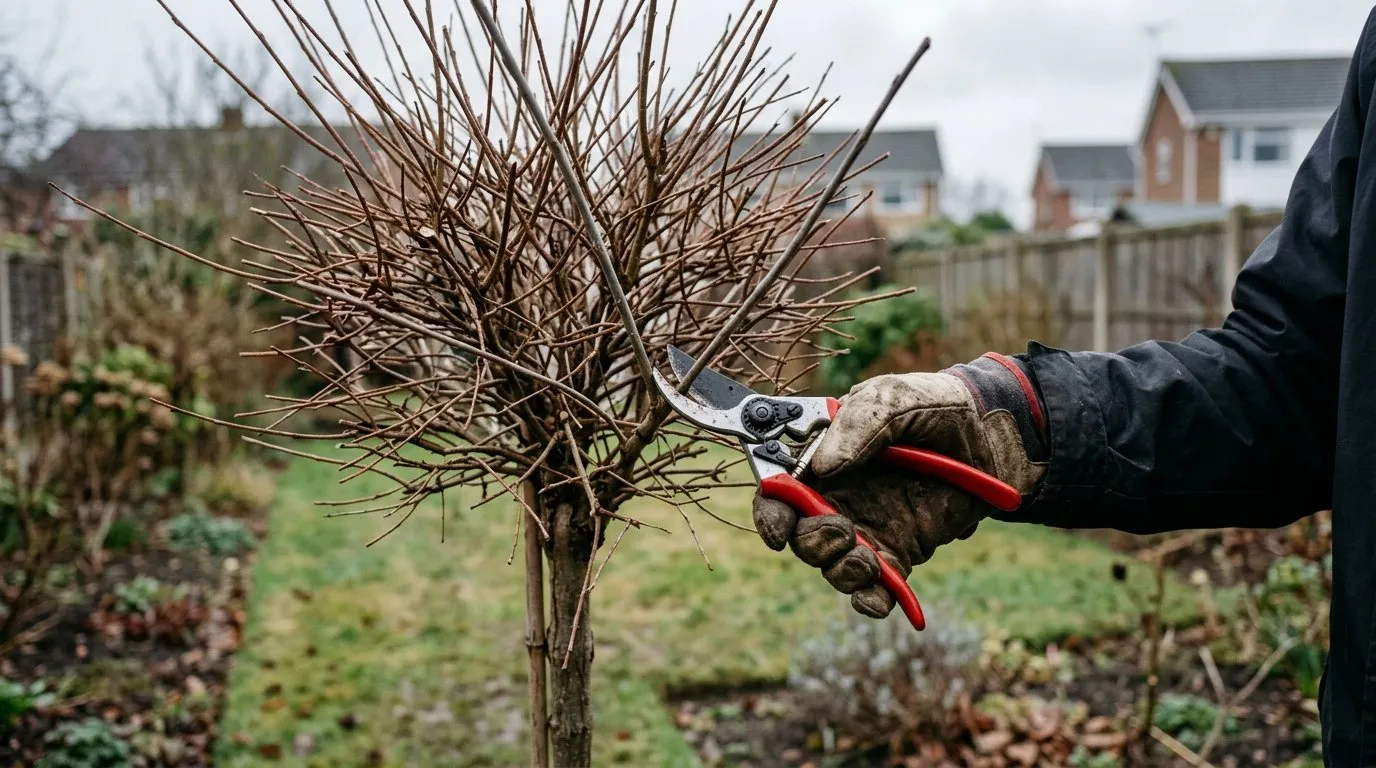 Gardener hard pruning a flamingo tree head with secateurs in early March