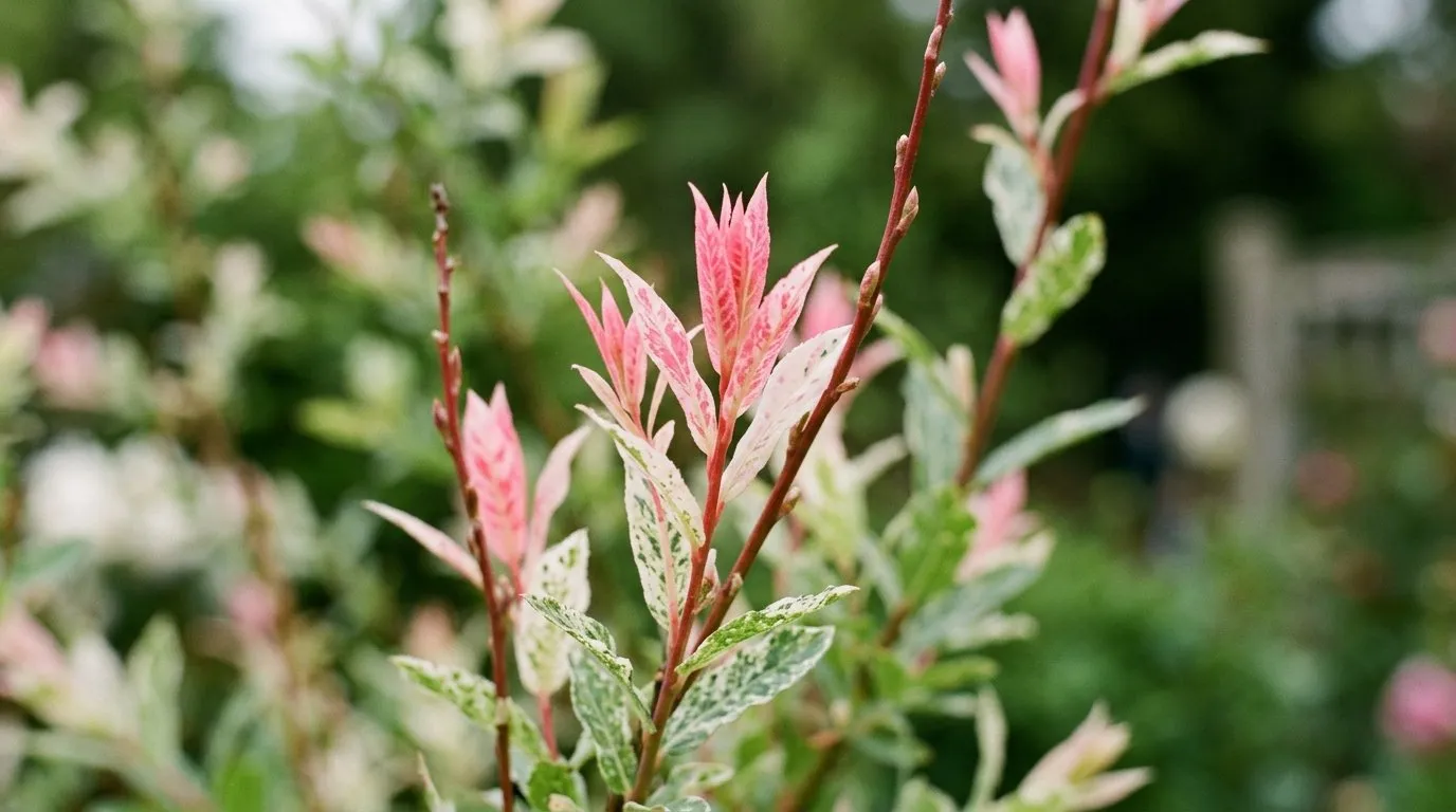 Close-up of flamingo tree shoot tips showing pink and white variegated willow leaves