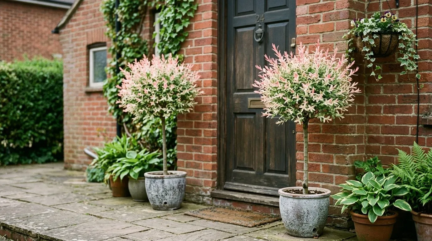 Pair of standard flamingo trees with pink and white foliage in pots by a UK front door