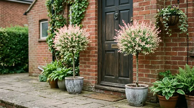 Pair of standard flamingo trees with pink and white foliage in pots by a UK front door