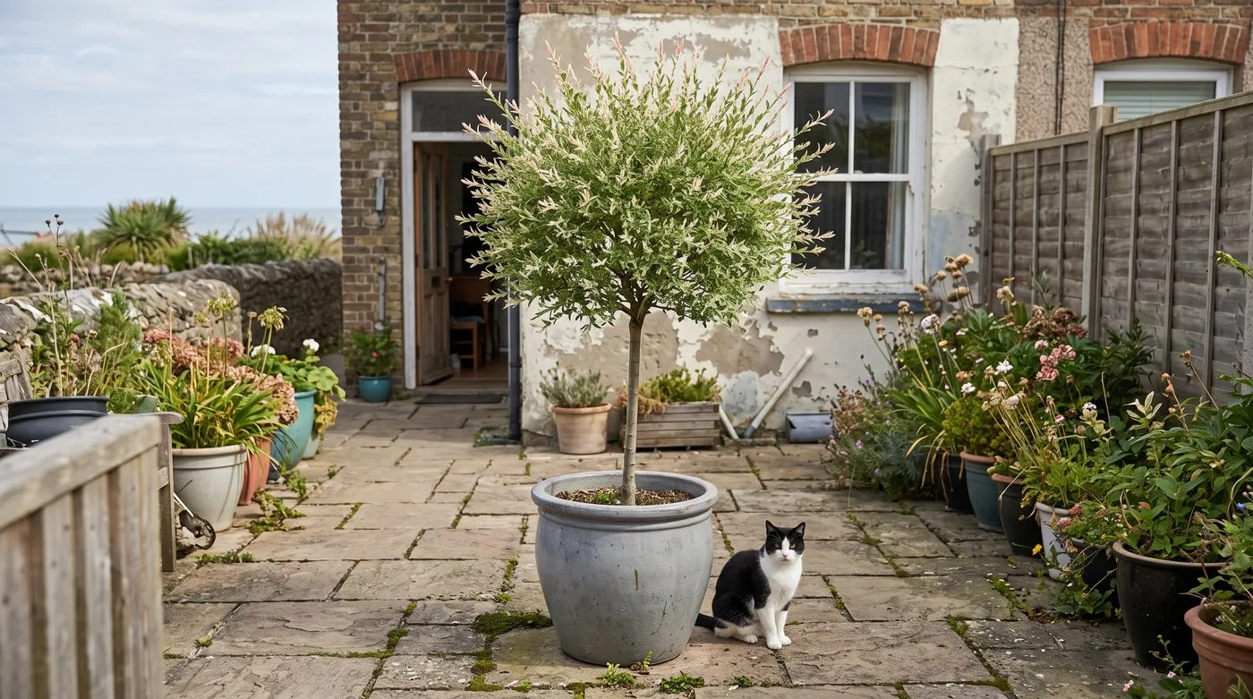 Unpruned flamingo tree standard in late summer with mostly green and white leaves in a patio pot