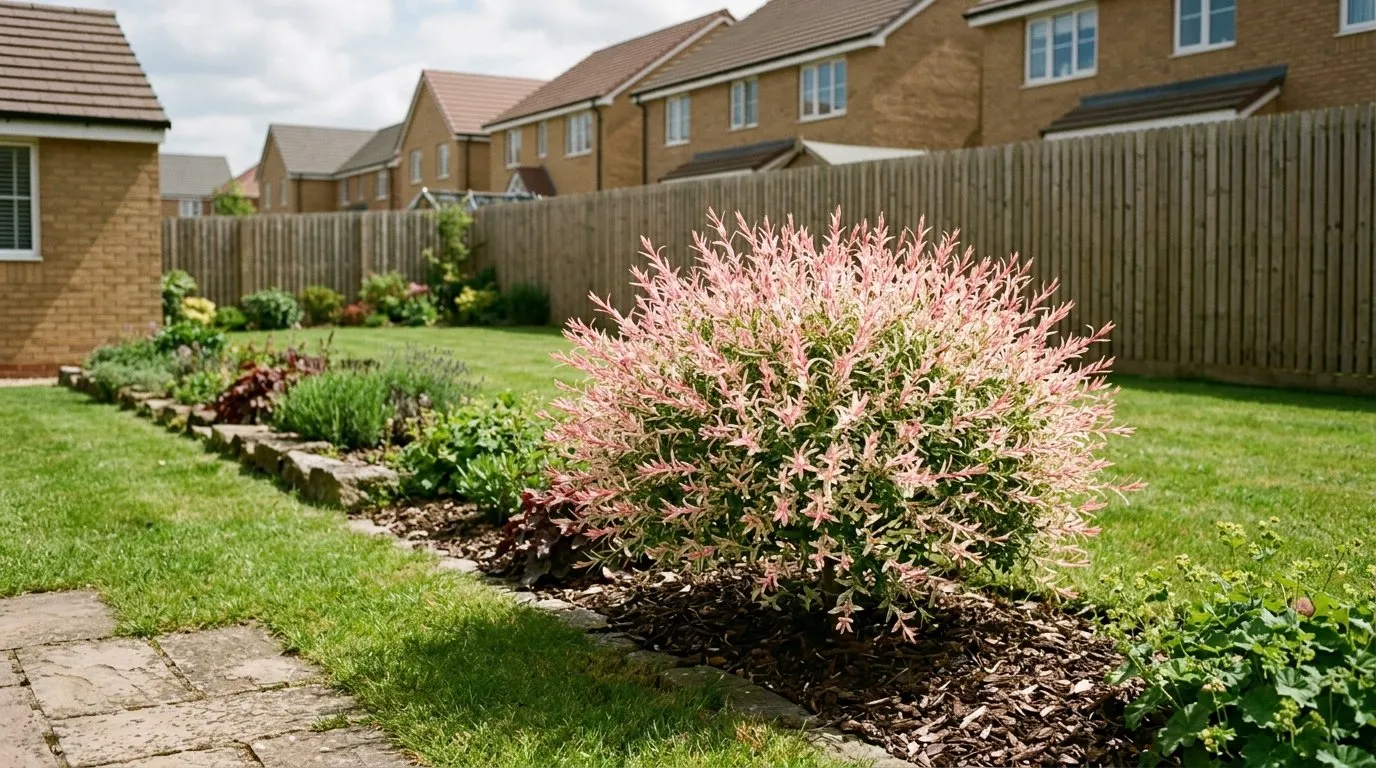 Flamingo tree grown as a rounded shrub in a sheltered new-build estate border