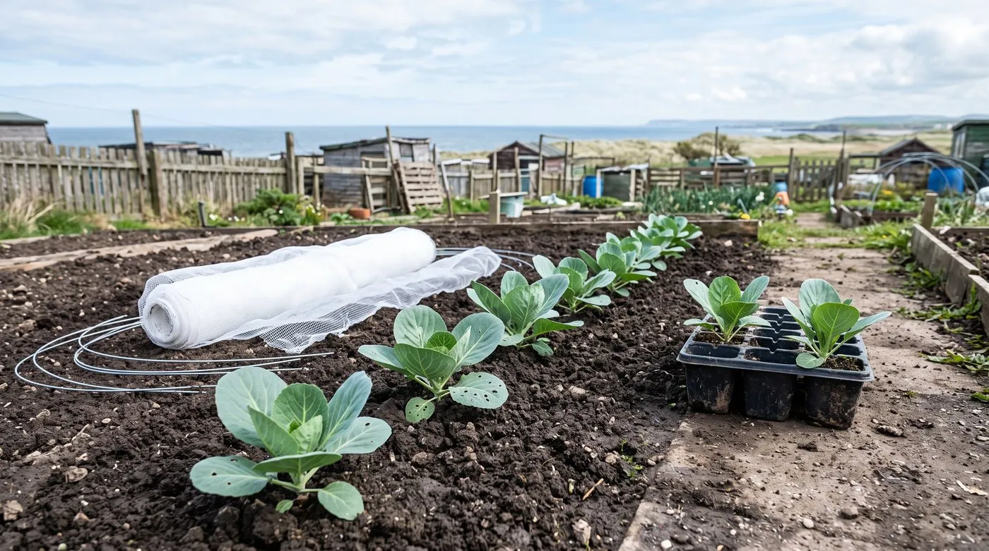 Young cabbage transplants planted out in moist soil with fine insect mesh and hoops ready beside the row