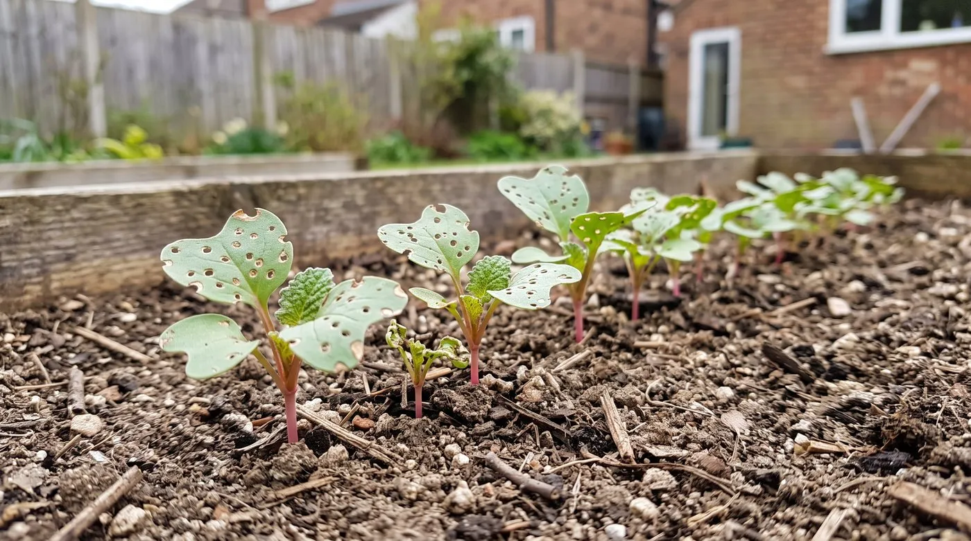 Radish seedlings with seed leaves riddled with tiny round flea beetle holes in a raised bed