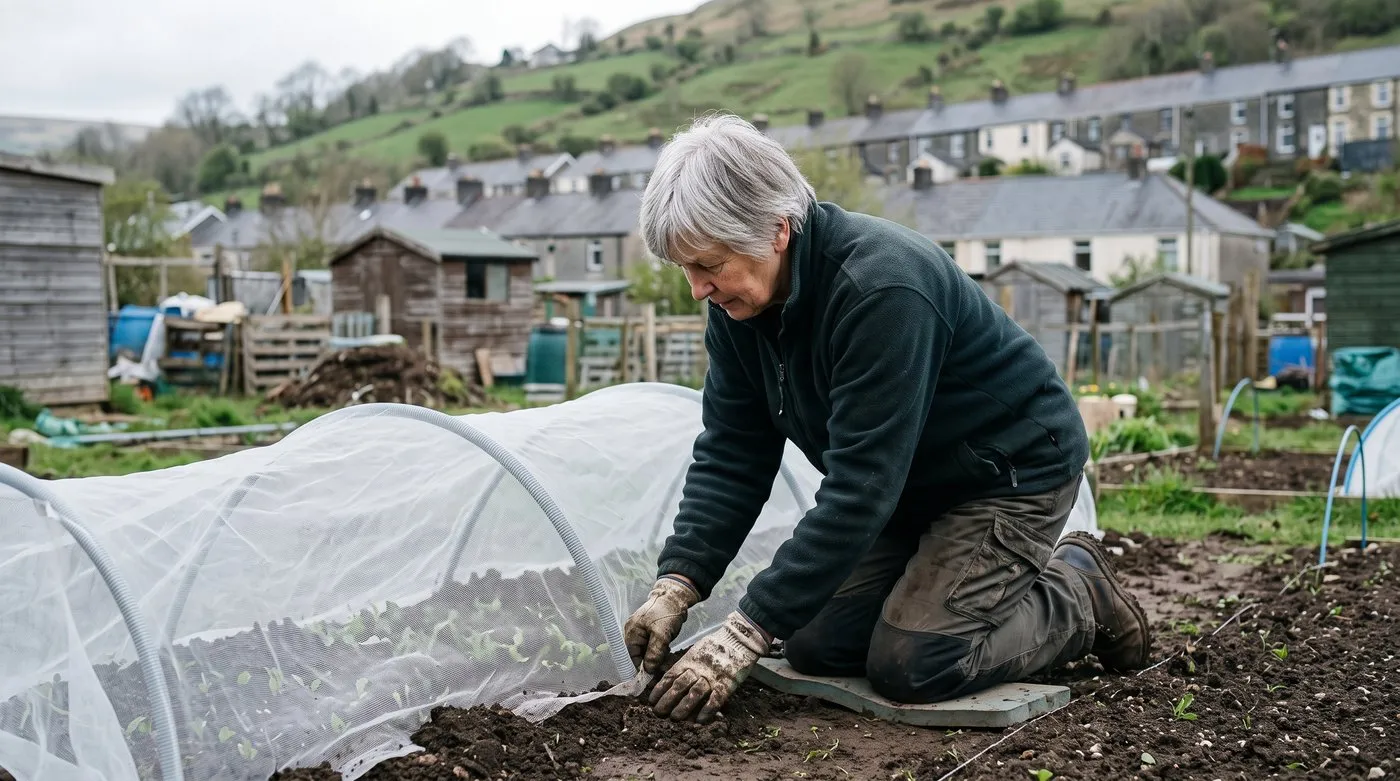 Gardener tucking the edge of fine insect mesh into the soil over hoops covering newly sown rocket