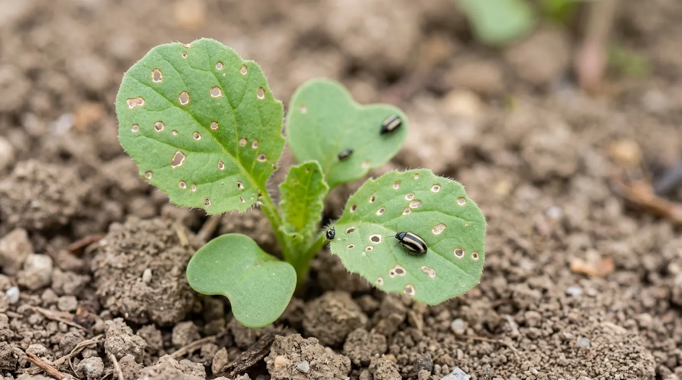 Tiny striped flea beetles on turnip seedlings with small round holes in the leaves