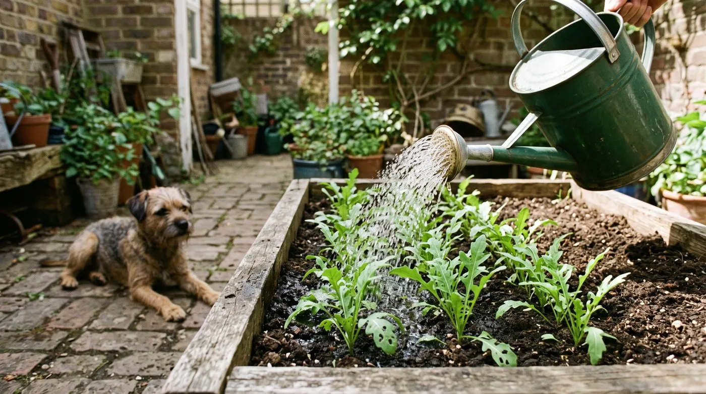 Watering can with a fine rose watering young rocket seedlings in a courtyard raised bed, a terrier lying nearby