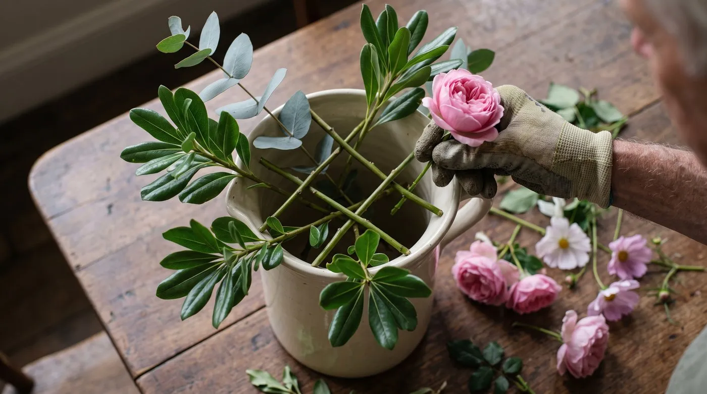 Pittosporum and eucalyptus stems criss-crossed in a jug with the first rose being added