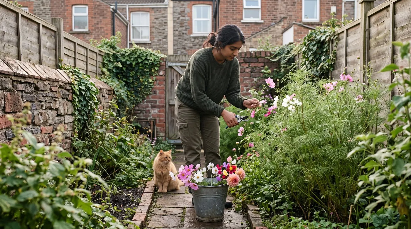 Woman cutting cosmos stems into a bucket of water on a summer morning while a cat watches