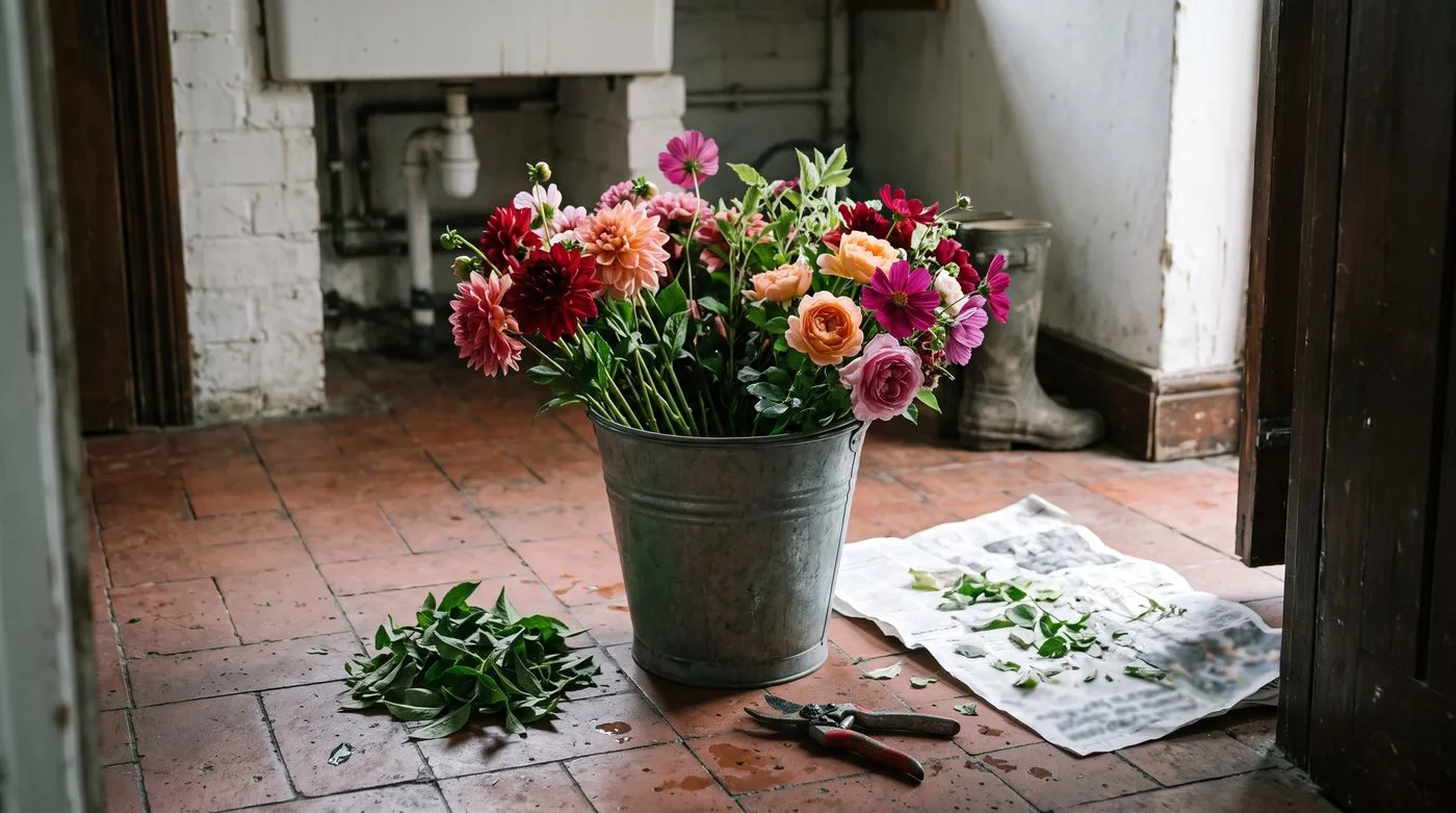 Garden flowers with lower leaves stripped resting in a deep bucket of water in a cool porch
