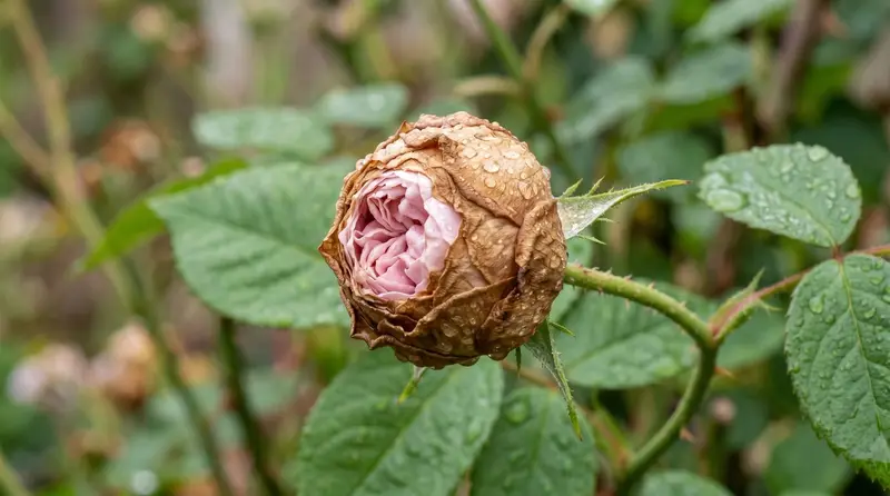A balled pale pink rose bud sealed in a brown papery shell with raindrops in a UK garden after wet weather