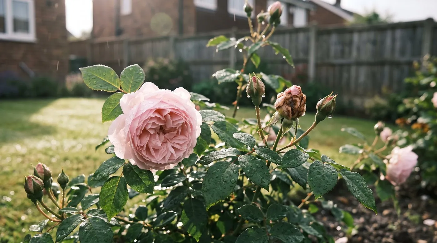 Rain-soaked double pink rose buds in morning sun, one bud starting to brown and stick shut