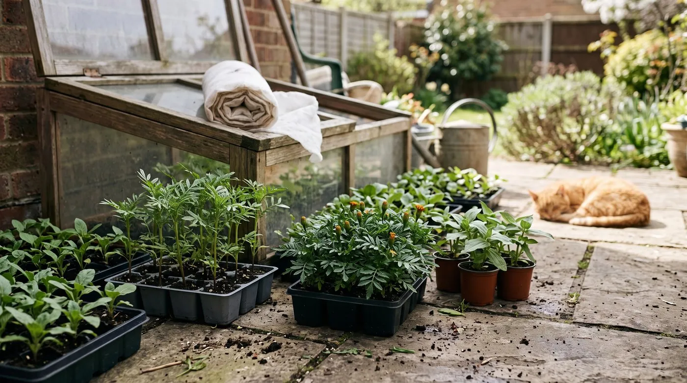 Trays of cosmos, marigold and zinnia plants hardening off by a cold frame in May, with a ginger cat