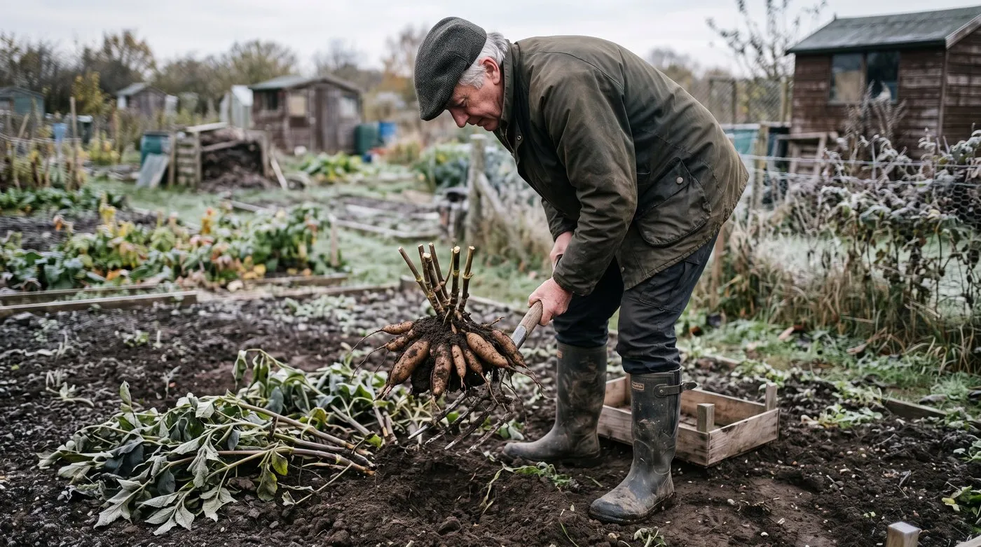 Older man lifting dahlia tubers with a fork on an allotment after frost blackened the leaves