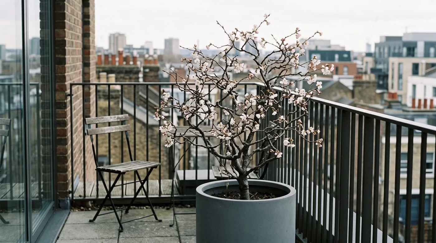 Flowering cherry Kojo-no-mai with white blossom on zigzag branches in a large pot on a city balcony