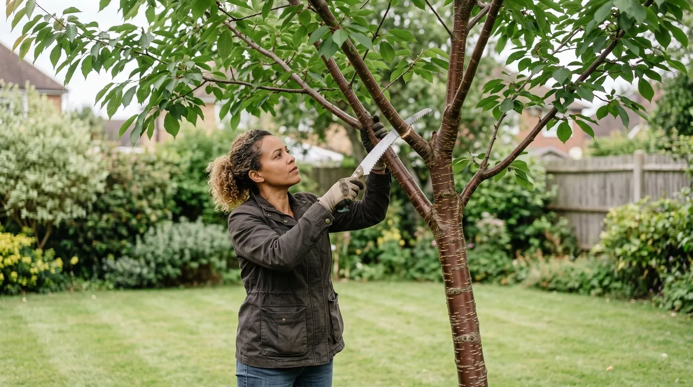 Woman pruning a crossing branch from a flowering cherry tree in summer, cutting near the branch collar