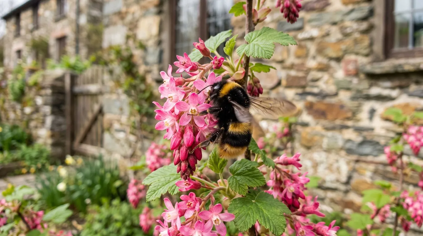 Buff-tailed bumblebee queen feeding on pink flowering currant racemes in a Welsh cottage garden in early spring