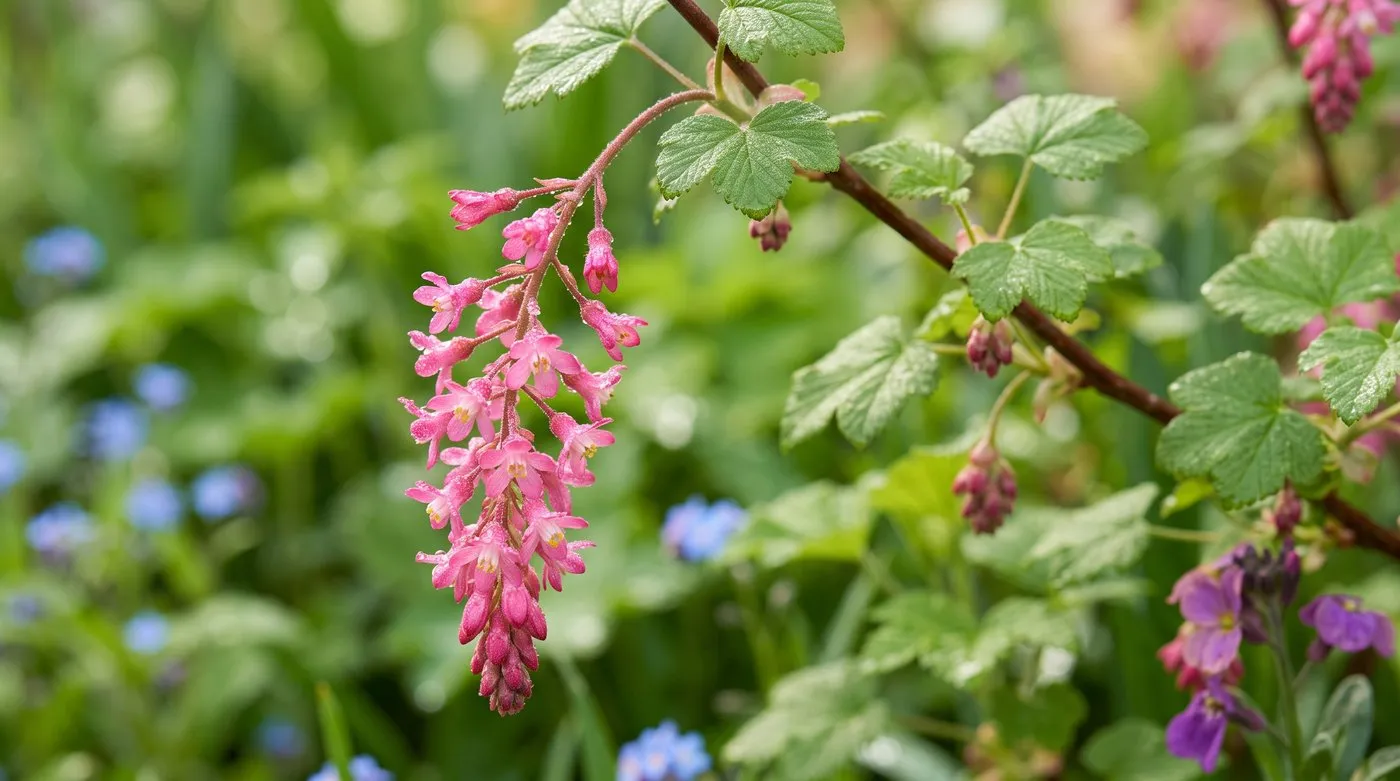 Close-up of flowering currant Ribes sanguineum racemes showing hanging pink tubular flowers against fresh green lobed leaves