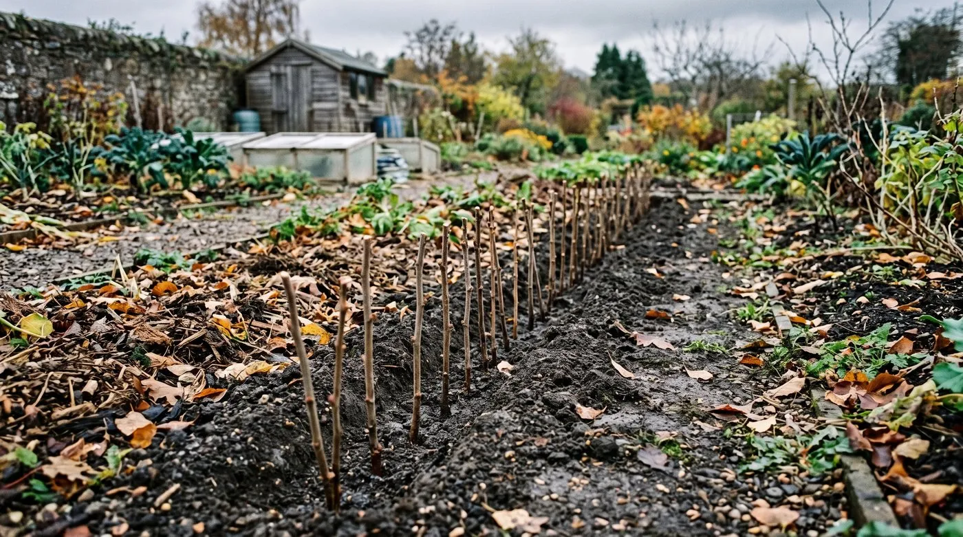 Hardwood cuttings of flowering currant lined up in a slit trench of gritty soil in a Scottish kitchen garden in late autumn