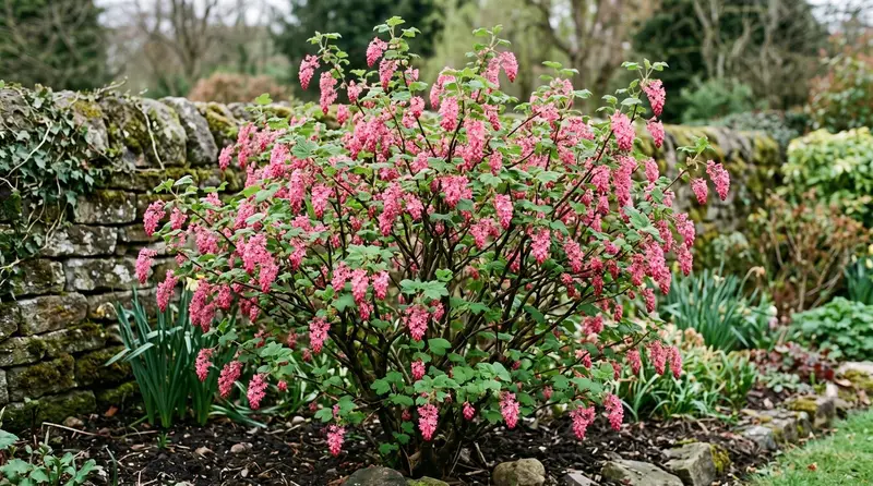 Flowering currant Ribes sanguineum in full bloom with hanging pink racemes in a UK spring garden