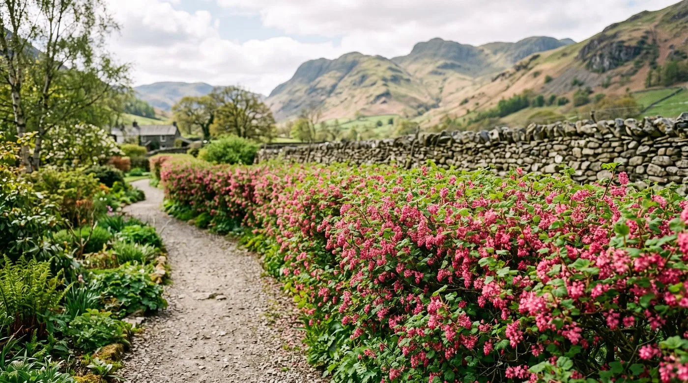 Informal flowering currant hedge in full pink bloom along a path in a Lake District garden in spring