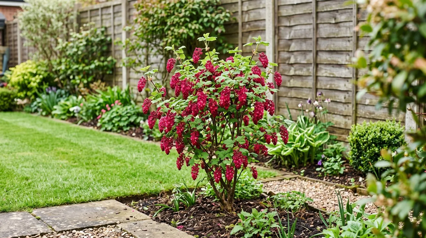 King Edward VII flowering currant with deep crimson blooms in a suburban Midlands border beside a lawn