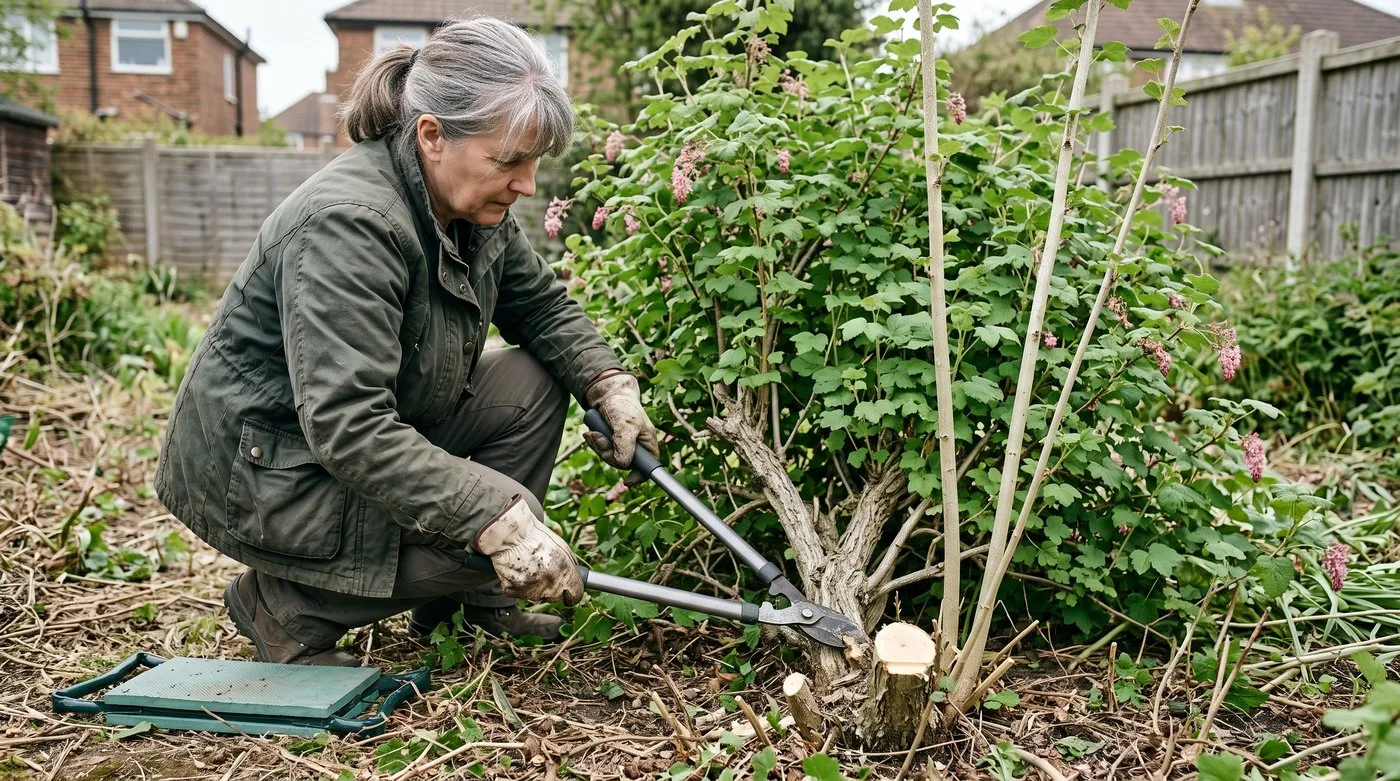 Gardener using loppers to cut an old flowering currant stem at the base after flowering