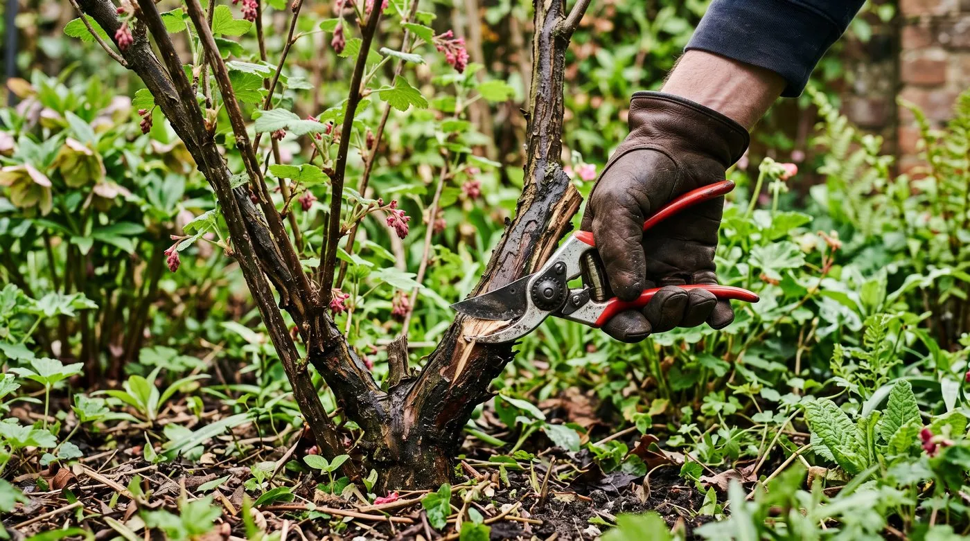 Renewal pruning of flowering currant showing one old stem being cut to the base with secateurs after flowering