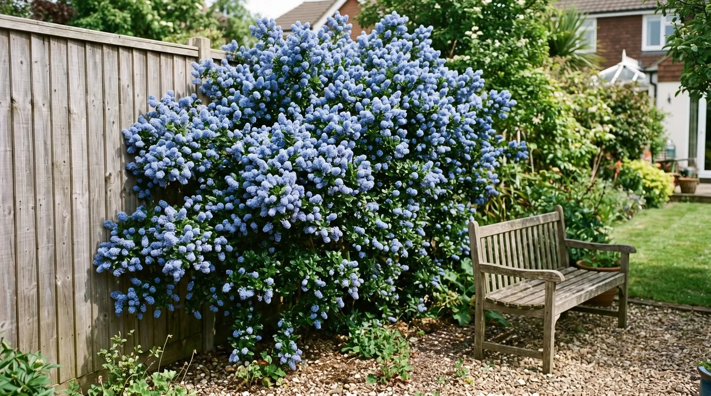 Evergreen ceanothus flowering shrub covered in vivid blue flowers against a sunny fence in May