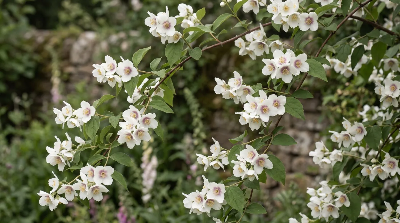 Philadelphus Belle Etoile flowering shrub with white cup-shaped flowers and purple centres in June