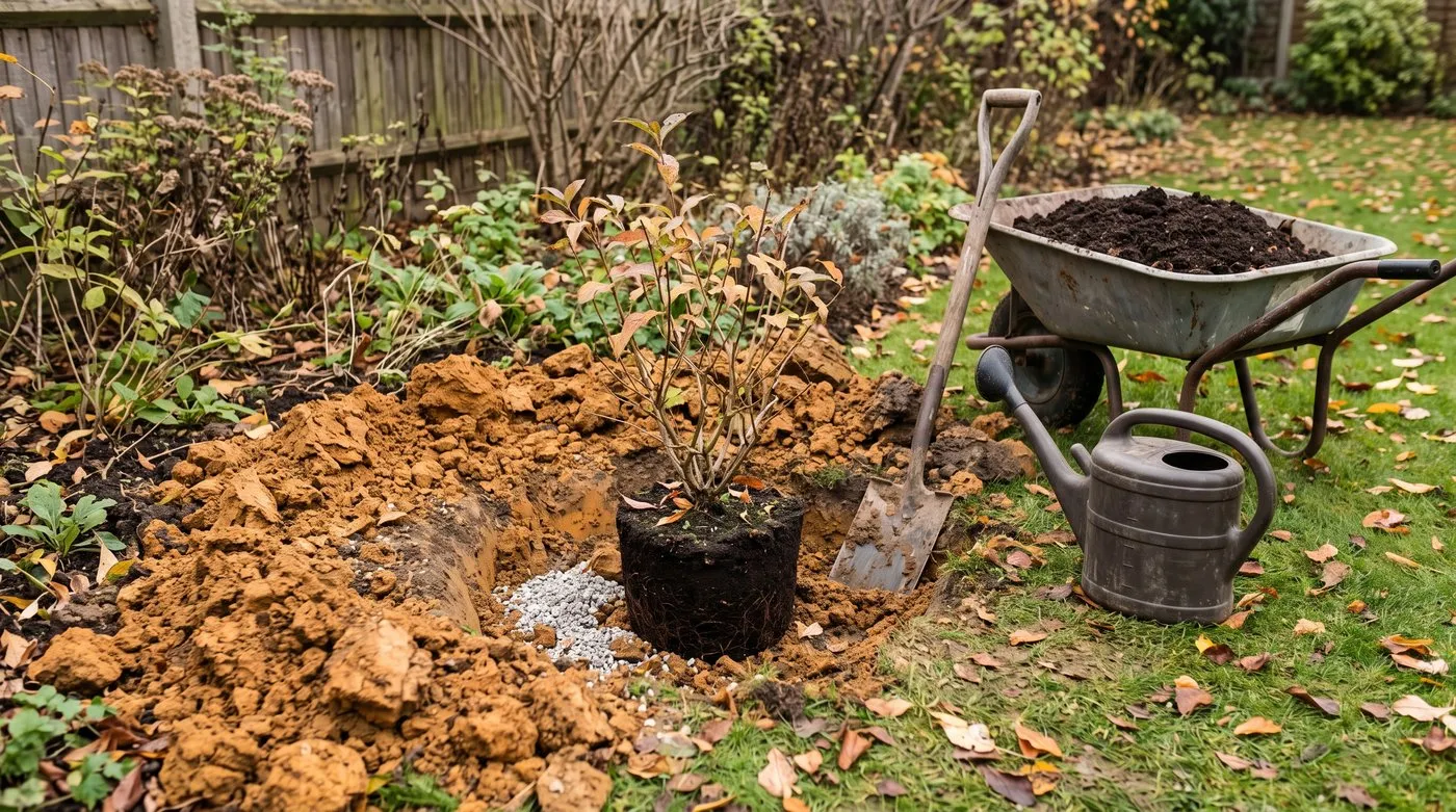 Shrub rootball sitting slightly proud of heavy clay soil in a wide planting hole, ready to fill in
