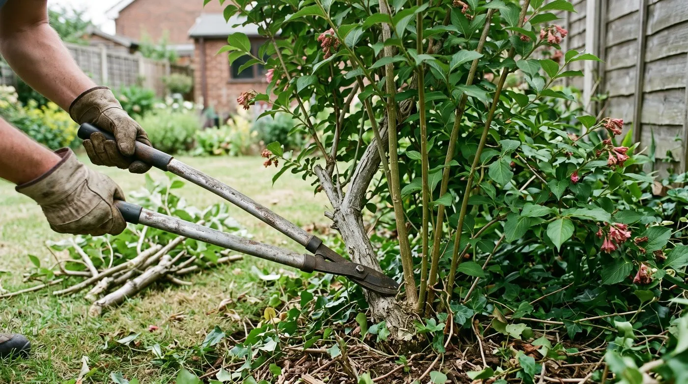 Loppers cutting an old stem at the base of a weigela shrub after flowering, a group 1 pruning job