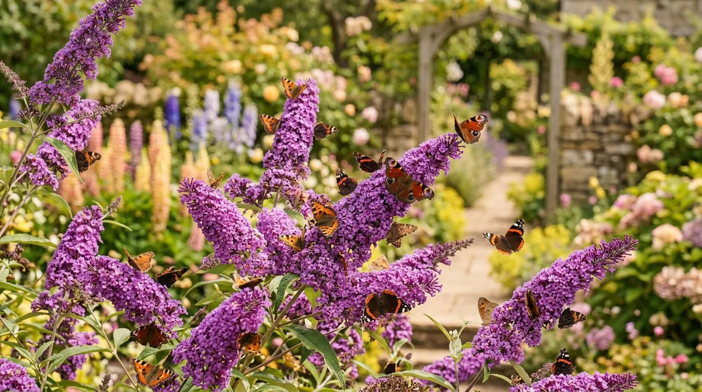 Flowering shrubs summer buddleja covered in butterflies in a sunny UK cottage garden