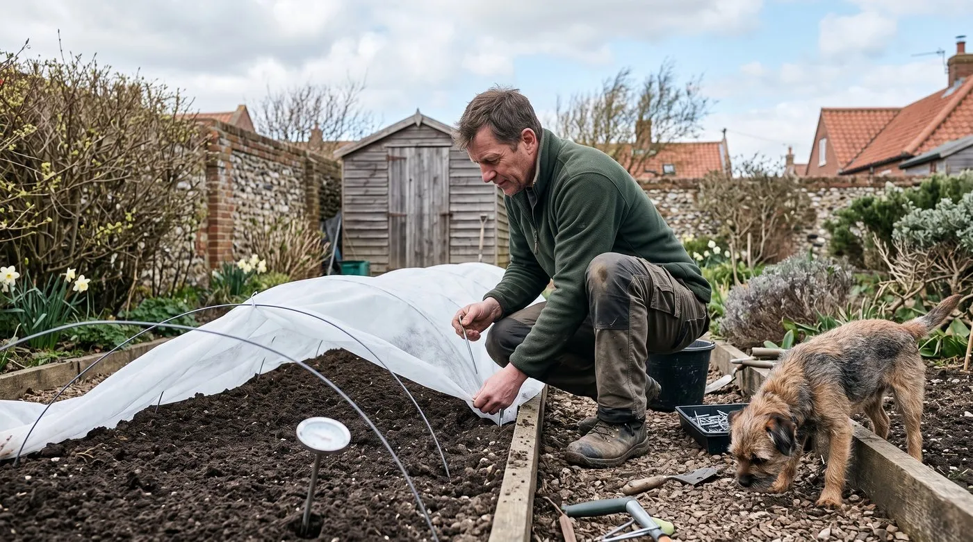 Man pegging fleece over hoops on a raked veg bed to warm the soil while a terrier watches