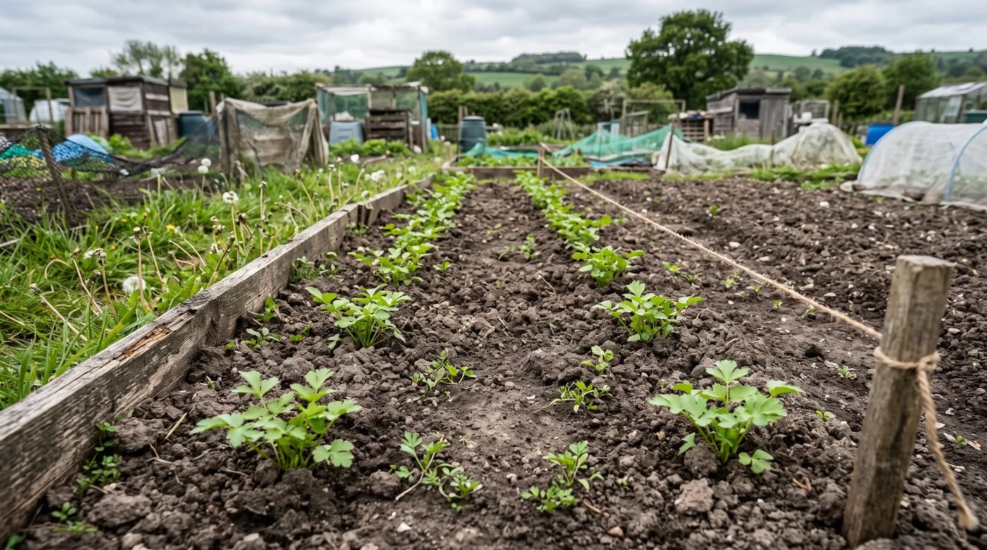 Gappy row of young parsnip seedlings with bare soil and weeds between the clumps