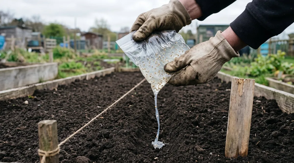 Gloved hands squeezing a bag of gel with sprouted seeds along a drill on an allotment bed