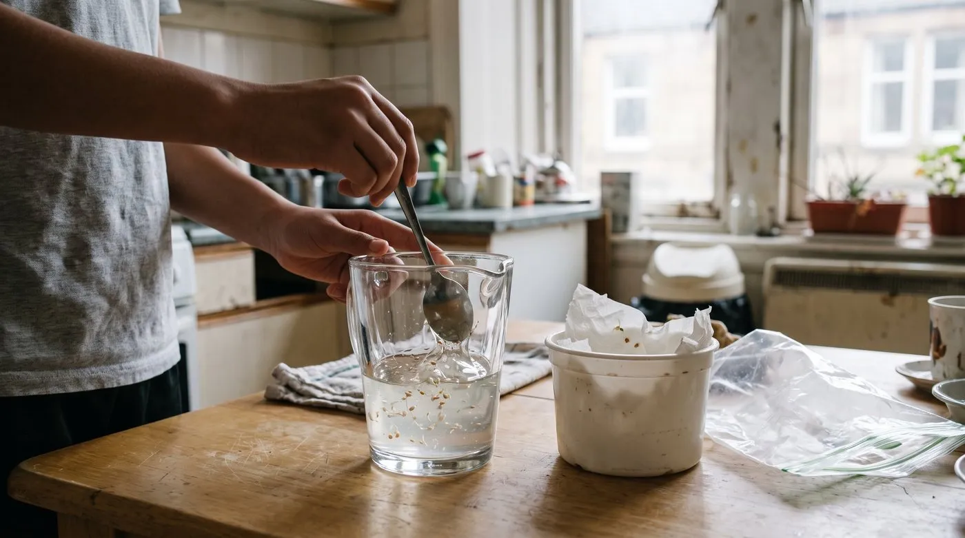 Sprouted carrot seeds being folded gently into clear wallpaper paste gel in a glass jug