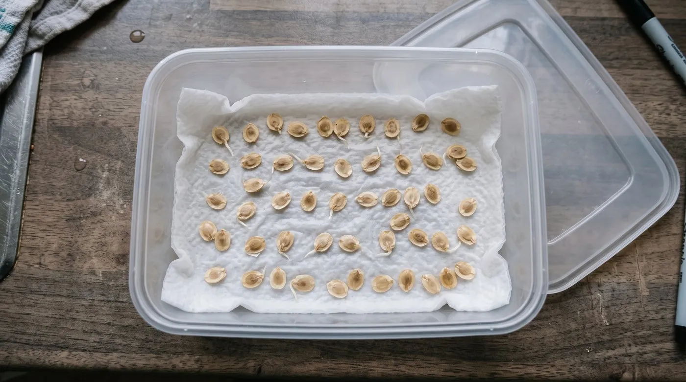 Flat papery parsnip seeds on damp kitchen paper in a tub, some showing tiny white roots