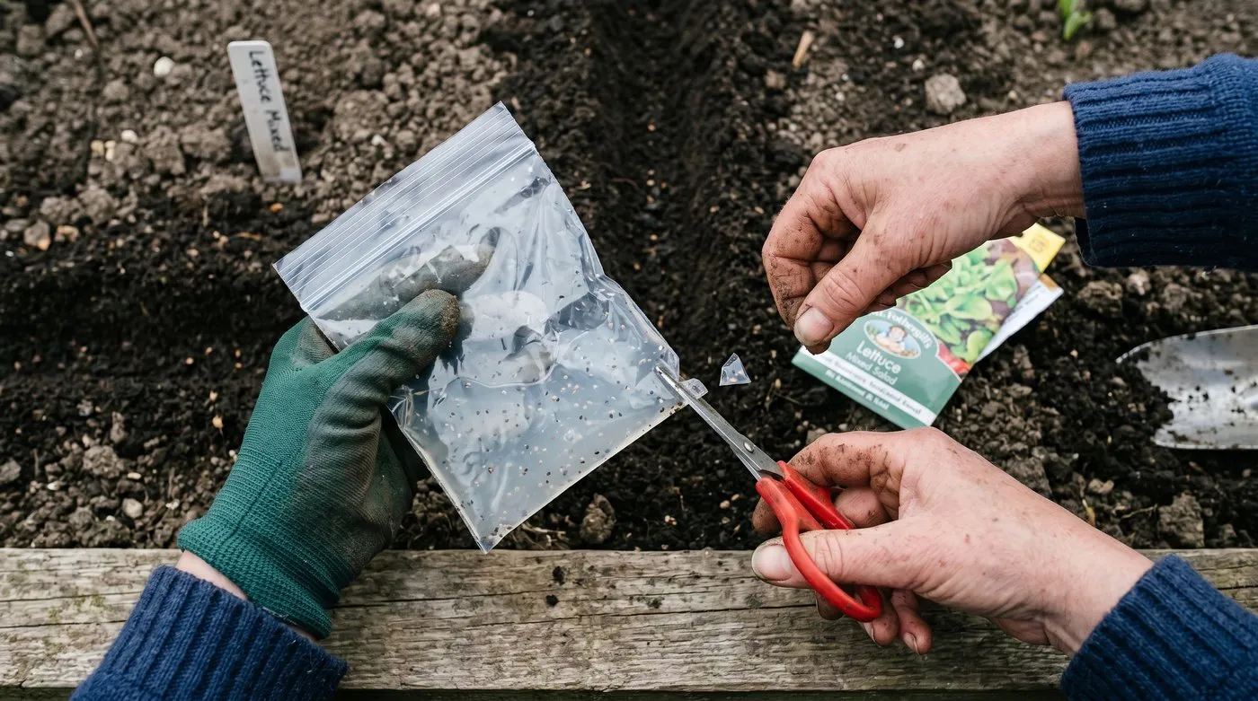 UK gardener's hands cutting a corner from a sealed plastic sandwich bag containing fluid sowing gel and seeds ready to squeeze along a drill