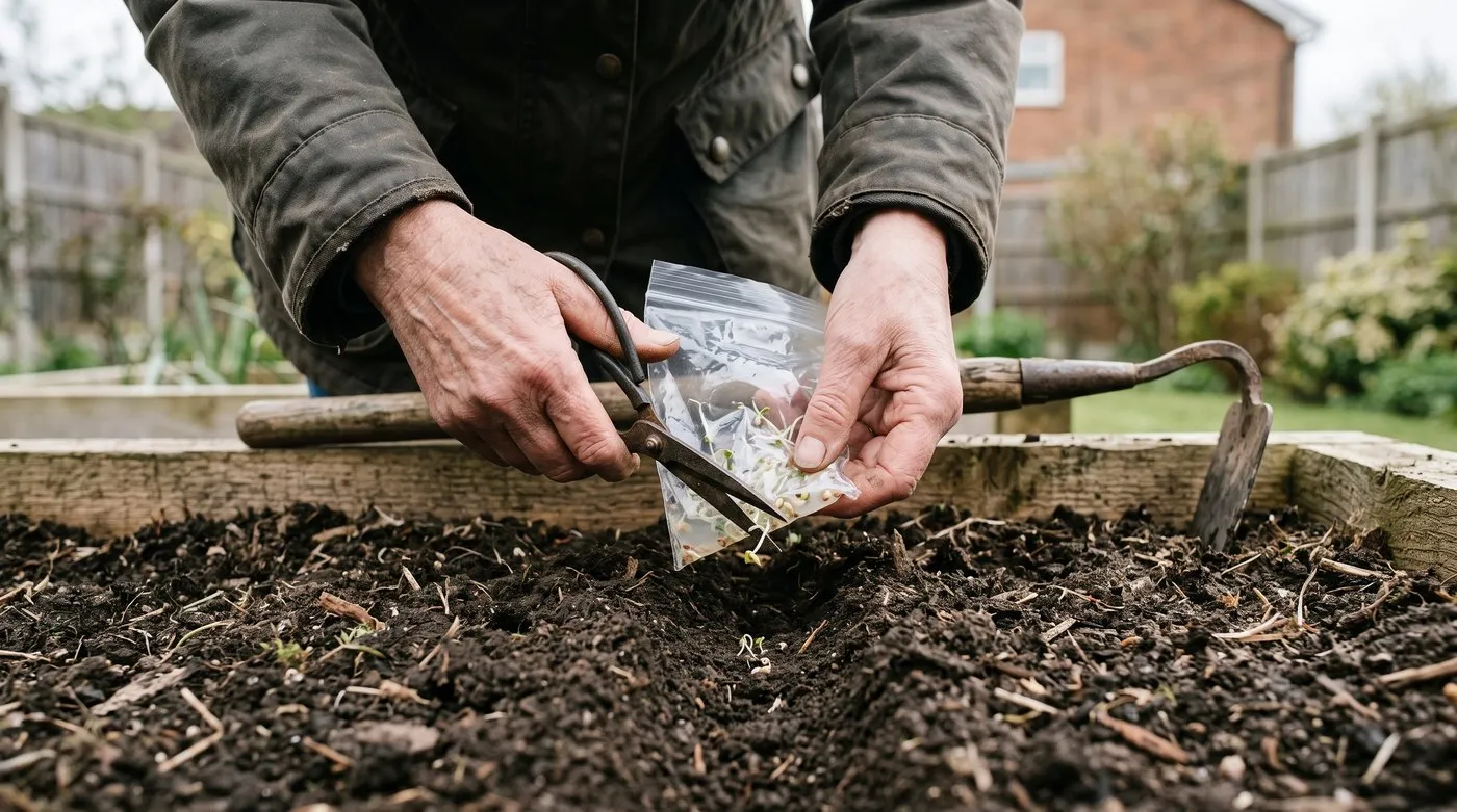 Hands snipping the corner off a bag of seed gel above a shallow drill in a raised bed