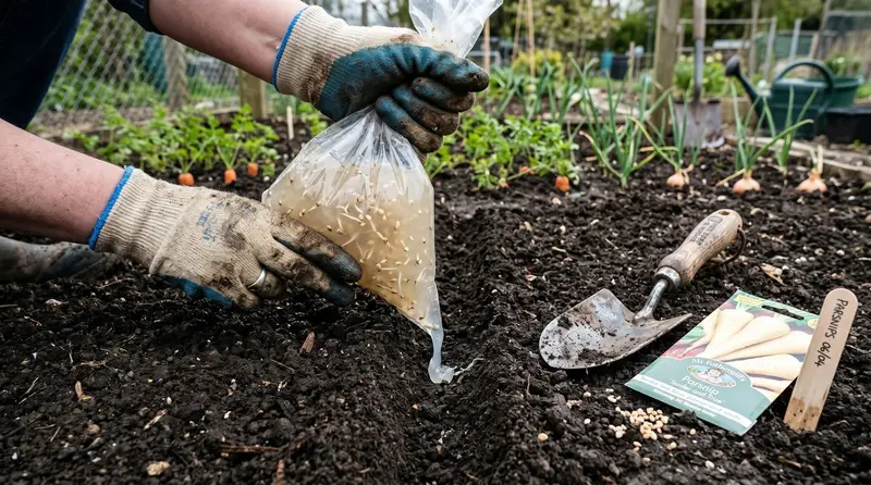 Hands piping fluid-sowing gel containing pre-germinated parsnip seeds along a drill in a UK kitchen garden