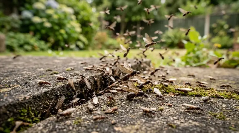 A swarm of winged black garden ants emerging from the cracks between paving slabs on a UK suburban patio on a warm humid