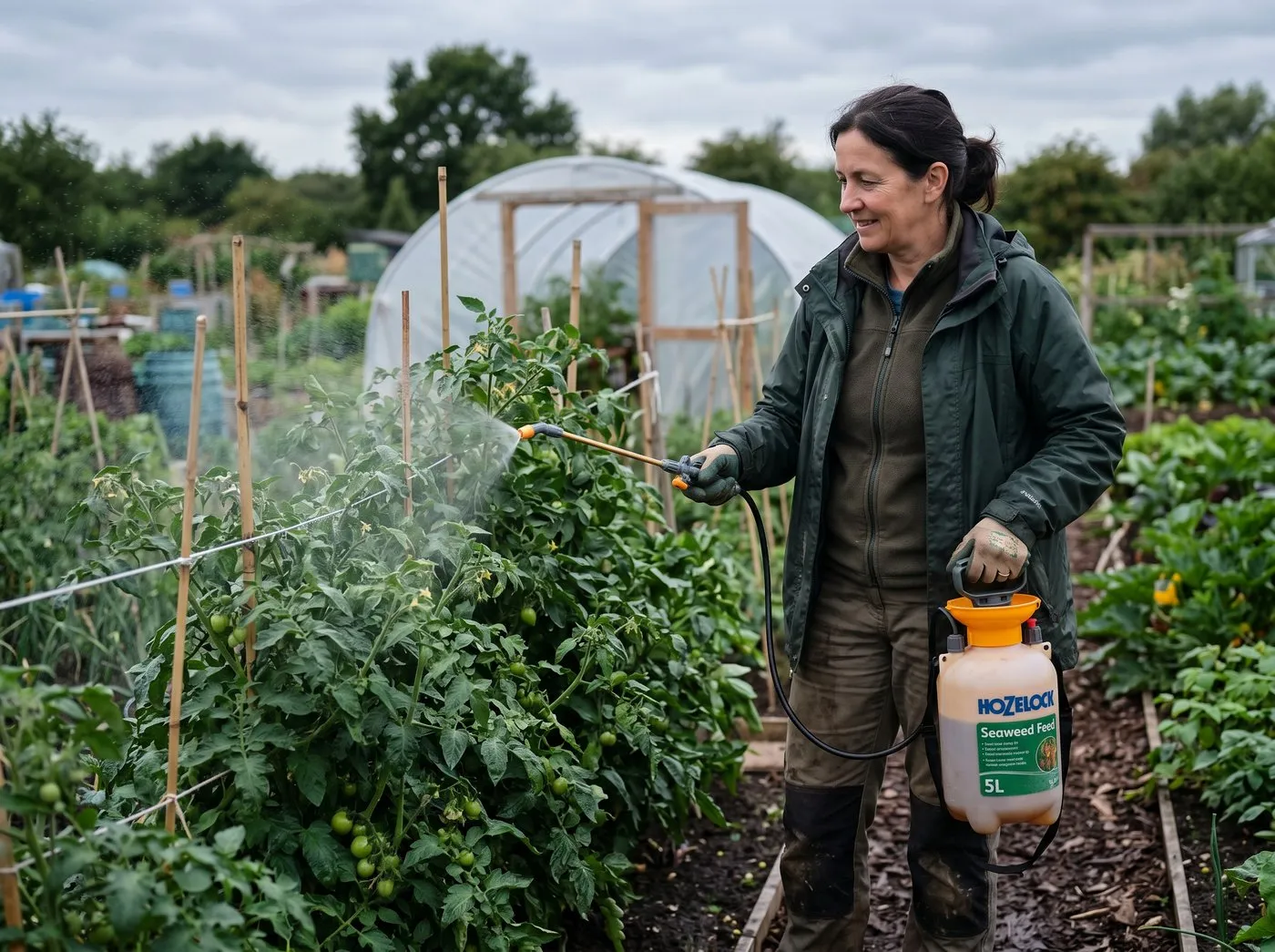 UK gardener foliar-spraying tomatoes with diluted liquid seaweed feed from a pressure sprayer in early evening, the leaves visibly wet but not dripping, growing plants healthy