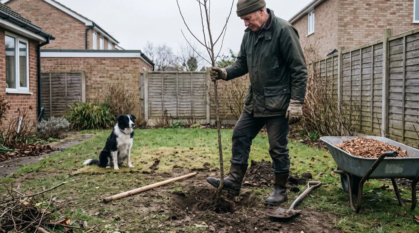 Older man planting a bare-root apple tree in winter, firming the soil with his boot while a border collie watches