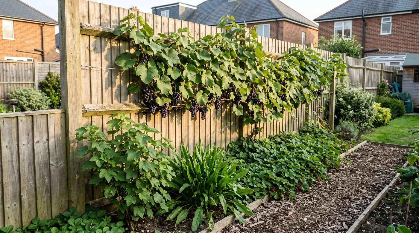 Grape vine with dark grapes trained along a sunny fence above a young currant bush and low ground cover