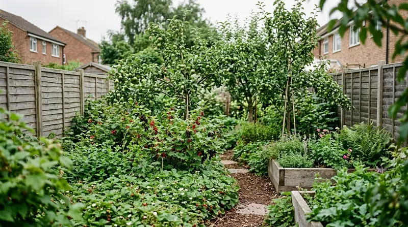 Layered food forest in a suburban Cambridgeshire back garden with dwarf fruit trees